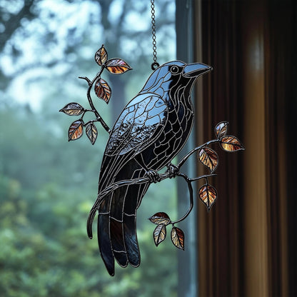 Black Raven on Branch Stained Glass ACRYLIC Suncatcher