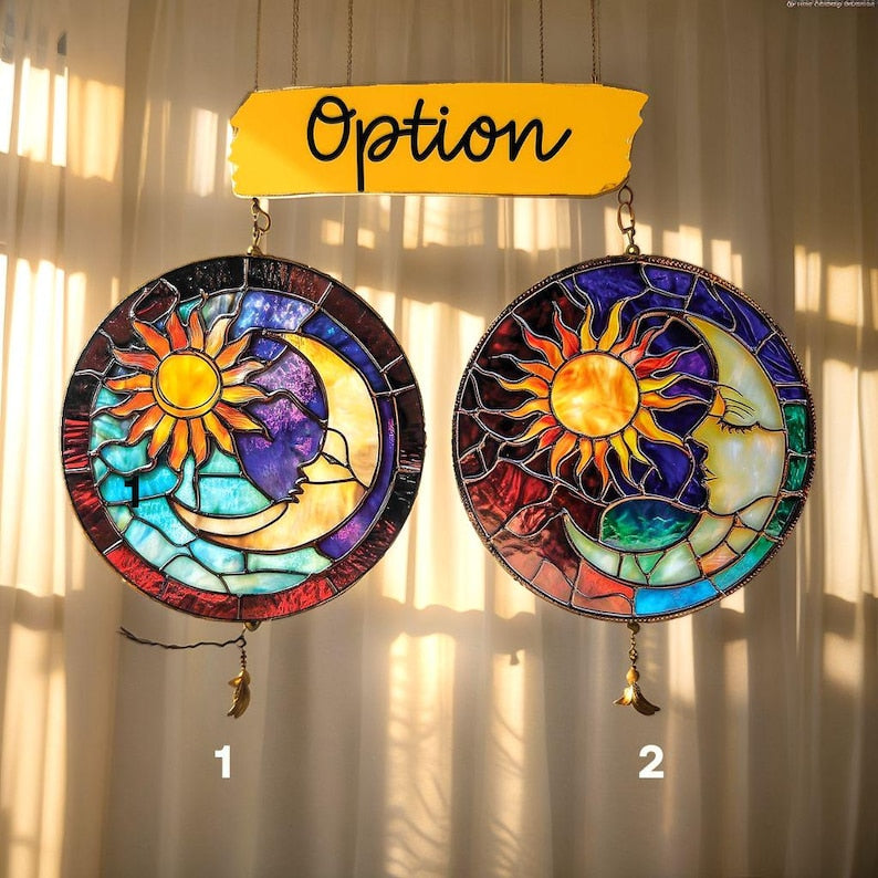 Sun and Moon Faces Stain Glass Suncatcher