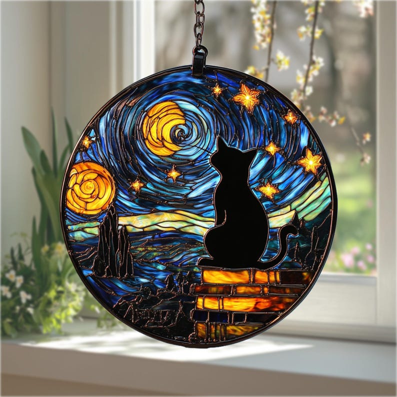 Midnight Cat Round Stain Glass Suncatcher
