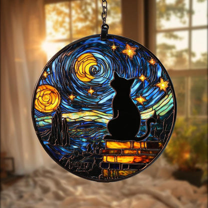 Midnight Cat Round Stain Glass Suncatcher