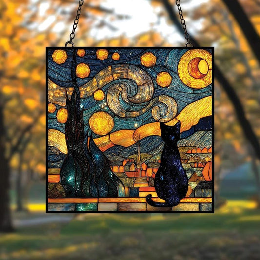 Midnight Cat Stain Glass Suncatcher