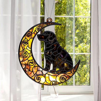 Black Dog on Crescent Moon Stain Glass Suncatcher