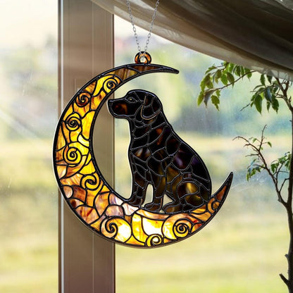 Black Dog on Crescent Moon Stain Glass Suncatcher
