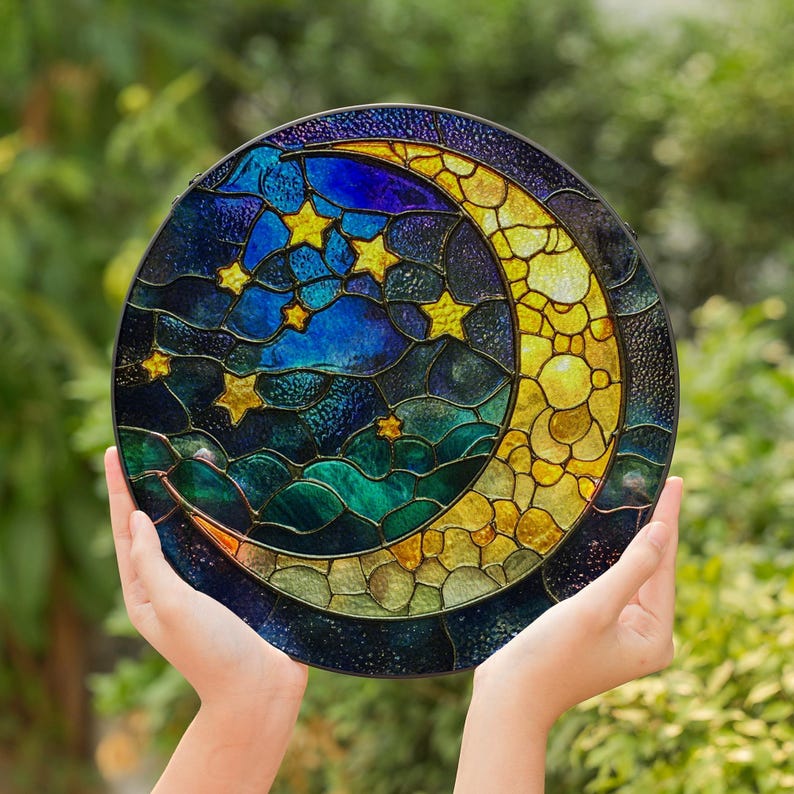 Moon and Stars Stain Glass Suncatcher