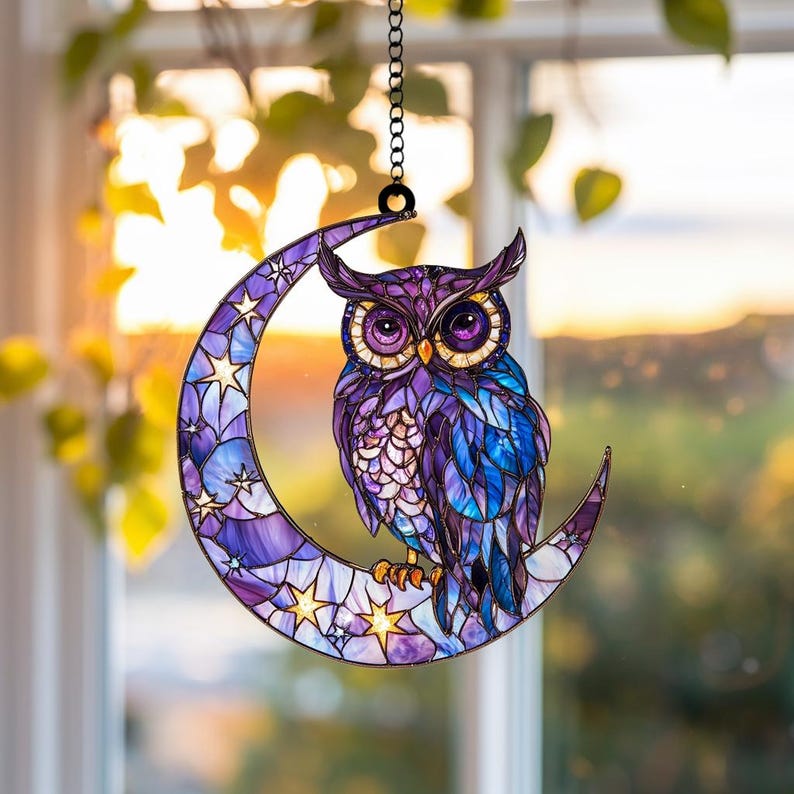 Purple Owl on Crescent Moon Stain Glass Suncatcher