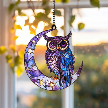 Purple Owl on Crescent Moon Stain Glass Suncatcher