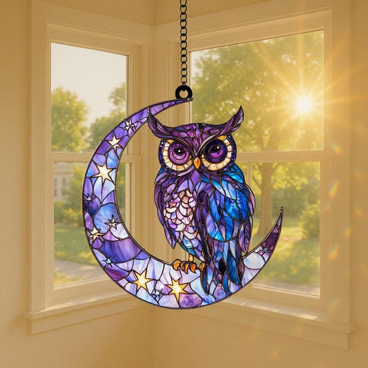 Purple Owl on Crescent Moon Stain Glass Suncatcher