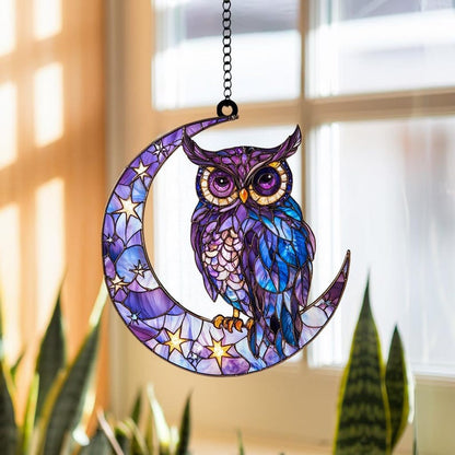 Purple Owl on Crescent Moon Stain Glass Suncatcher