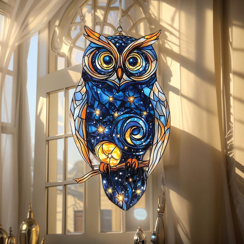 Galaxy Owl Stained Glass Suncatcher
