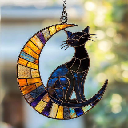 Midnight Cat And Crescent Moon Stain Glass Suncatcher