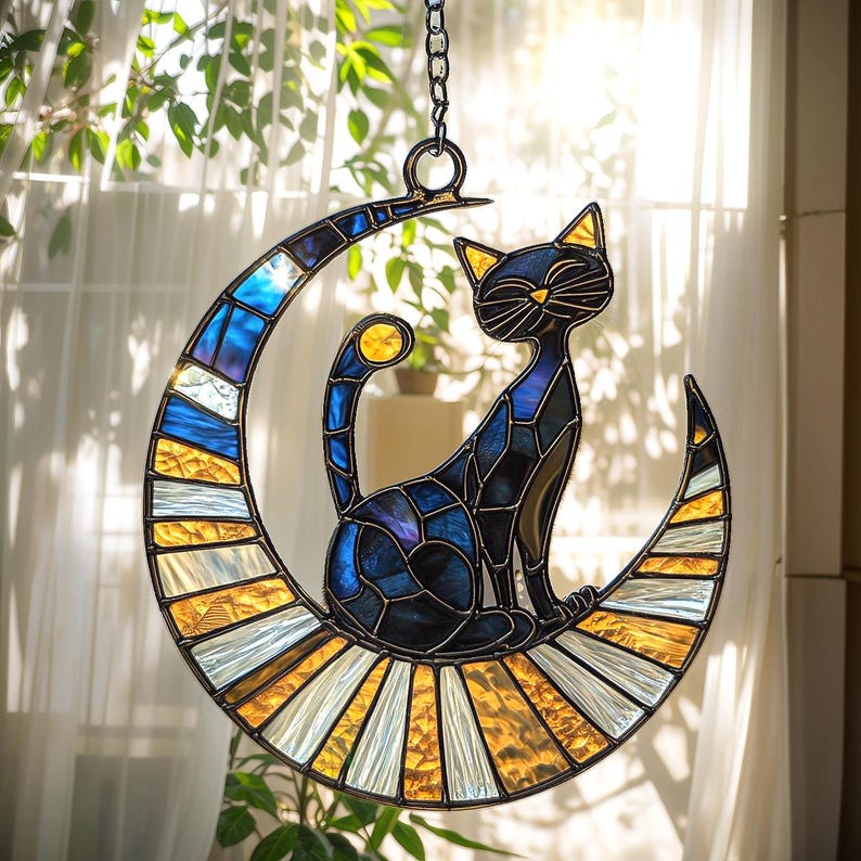 Midnight Cat And Crescent Moon Stain Glass Suncatcher