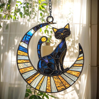 Midnight Cat And Crescent Moon Stain Glass Suncatcher