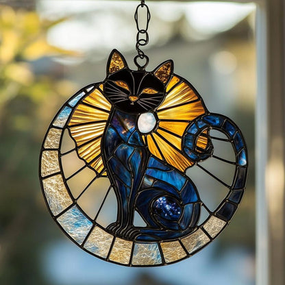 Midnight Cat And Crescent Moon Stain Glass Suncatcher