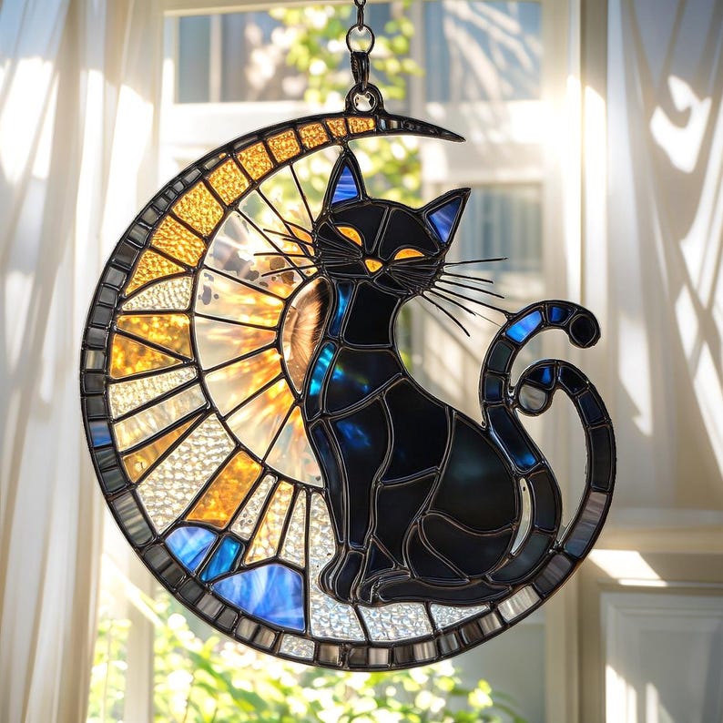 Midnight Cat And Crescent Moon Stain Glass Suncatcher