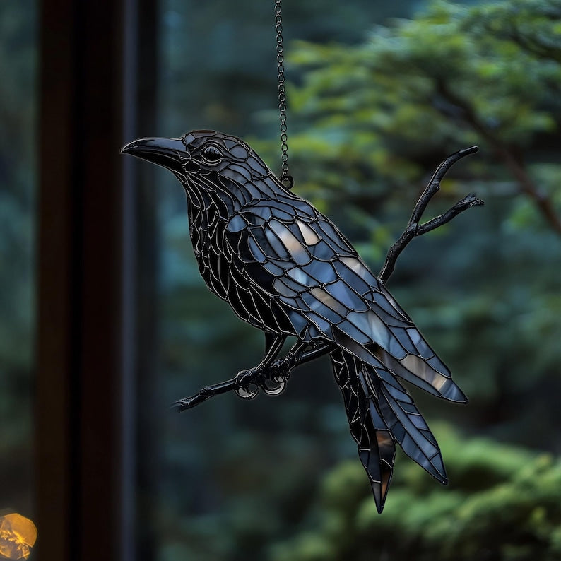 Black Raven on Branch Stained Glass ACRYLIC Suncatcher