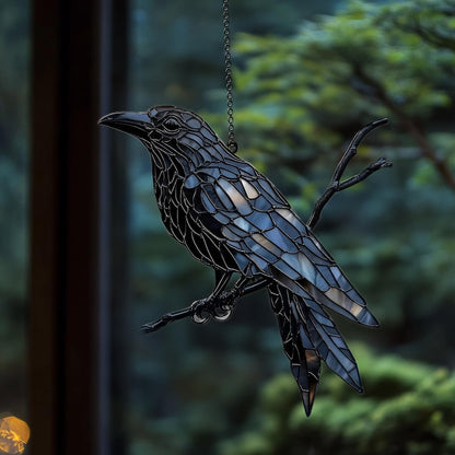 Black Raven on Branch Stained Glass ACRYLIC Suncatcher