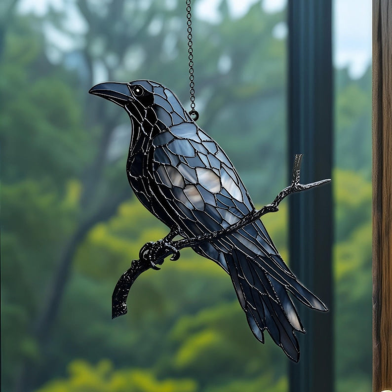 Black Raven on Branch Stained Glass ACRYLIC Suncatcher