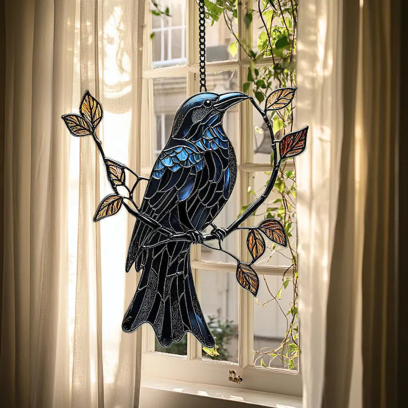 Black Raven on Branch Stained Glass ACRYLIC Suncatcher