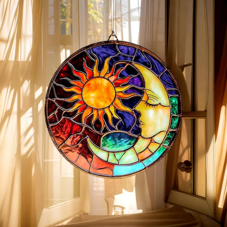 Sun and Moon Faces Stain Glass Suncatcher