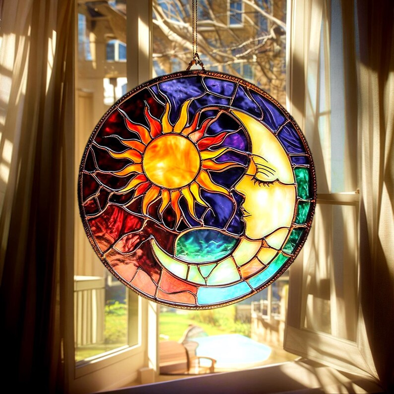 Sun and Moon Faces Stain Glass Suncatcher