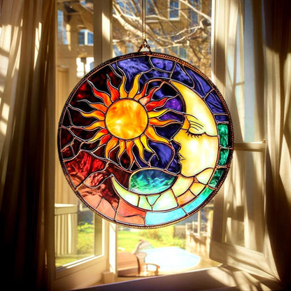 Sun and Moon Faces Stain Glass Suncatcher