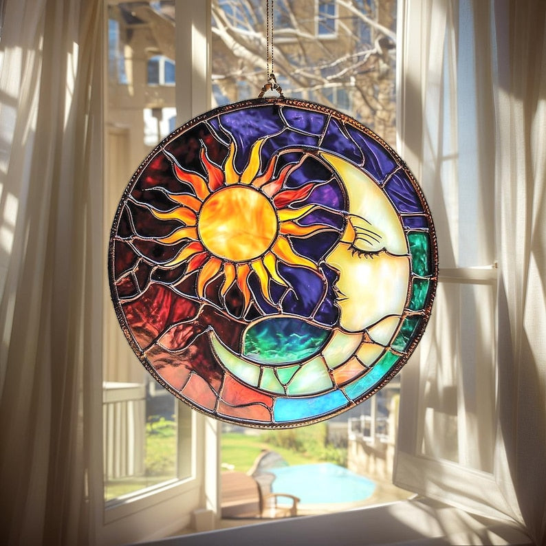 Sun and Moon Faces Stain Glass Suncatcher
