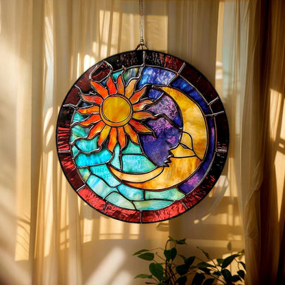 Sun and Moon Faces Stain Glass Suncatcher