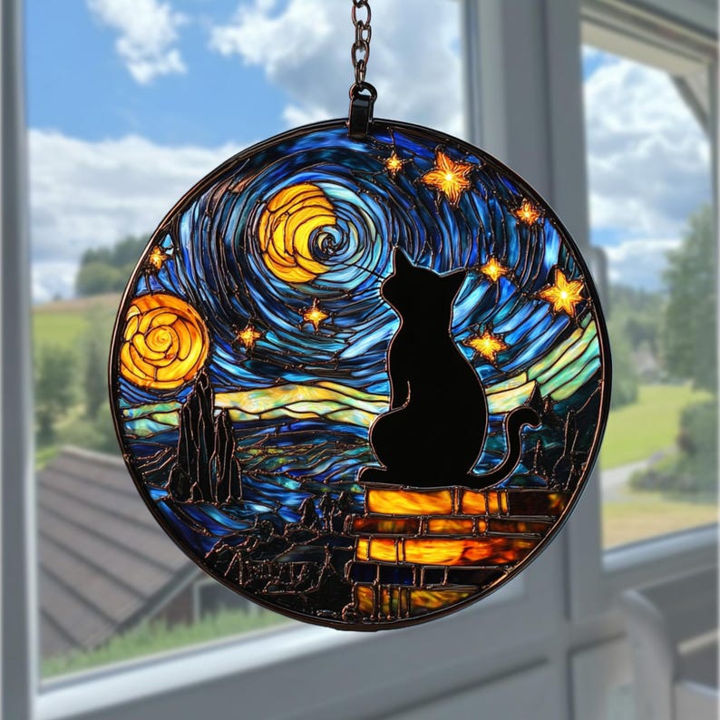 Midnight Cat Round Stain Glass Suncatcher