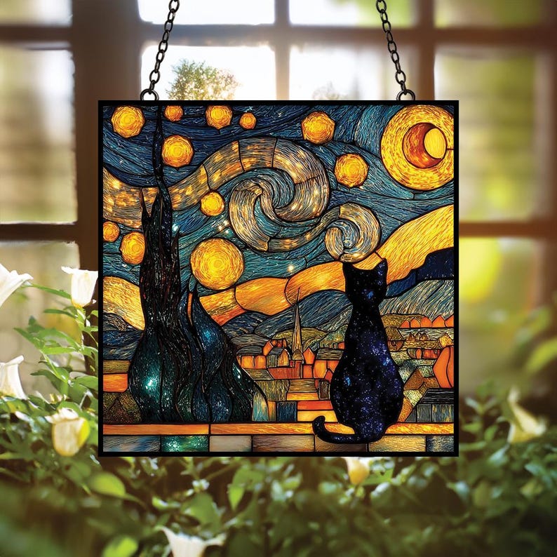 Midnight Cat Stain Glass Suncatcher