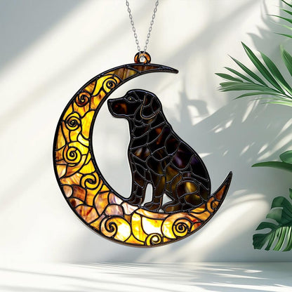 Black Dog on Crescent Moon Stain Glass Suncatcher
