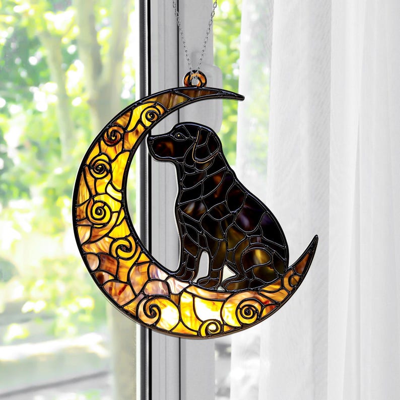 Black Dog on Crescent Moon Stain Glass Suncatcher