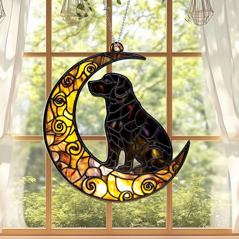 Black Dog on Crescent Moon Stain Glass Suncatcher