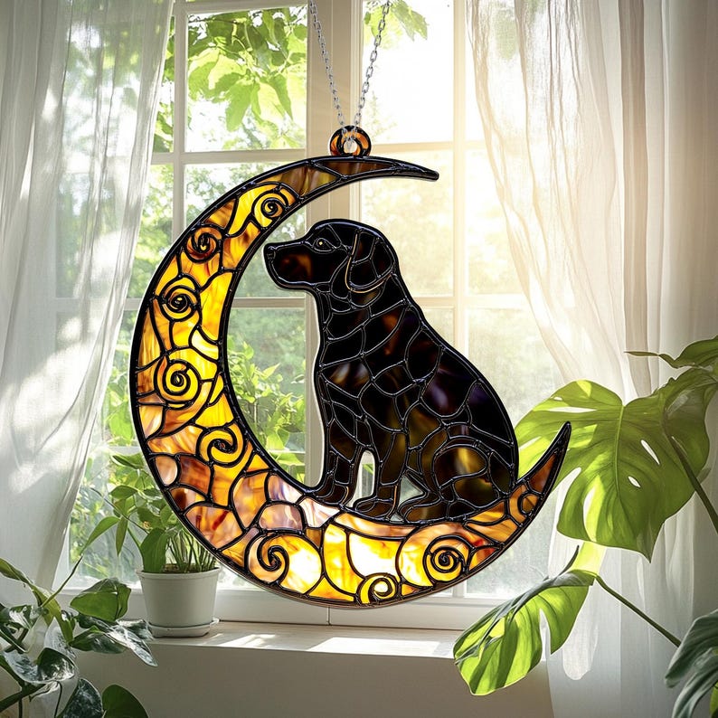 Black Dog on Crescent Moon Stain Glass Suncatcher