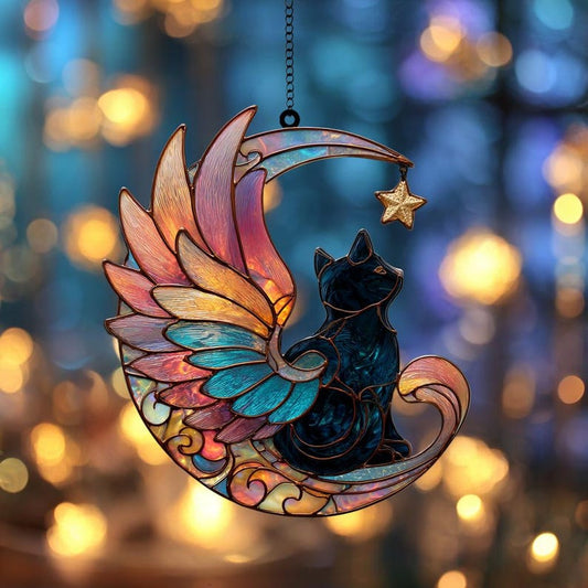 Winged Cat on Moon Stain Glass Suncatcher