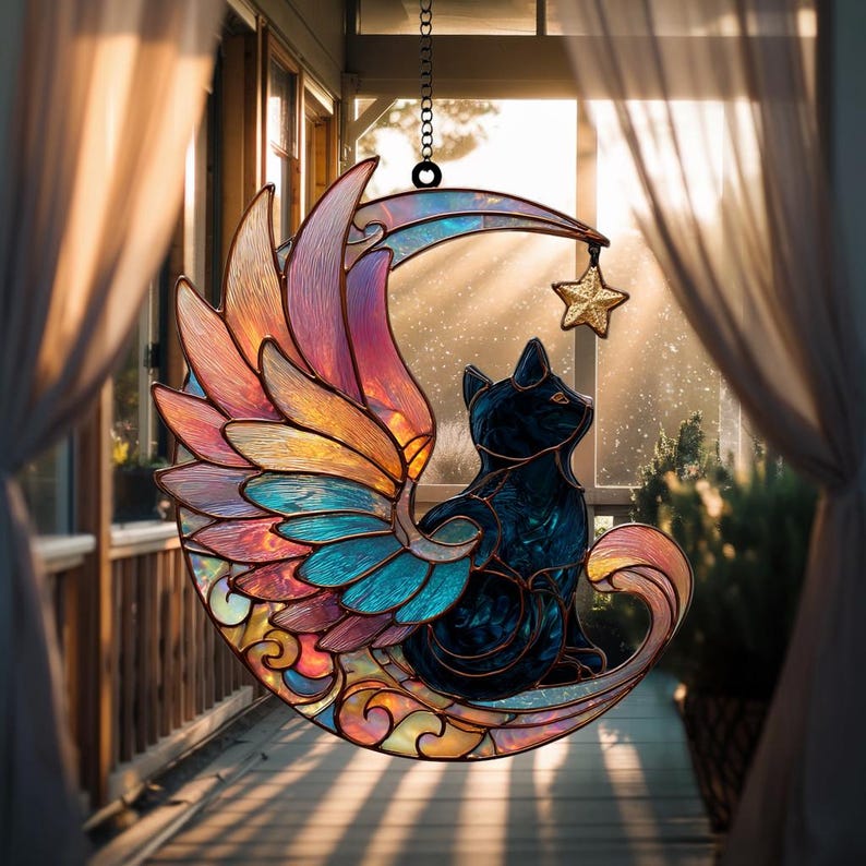 Winged Cat on Moon Stain Glass Suncatcher