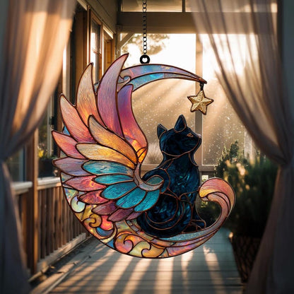 Winged Cat on Moon Stain Glass Suncatcher