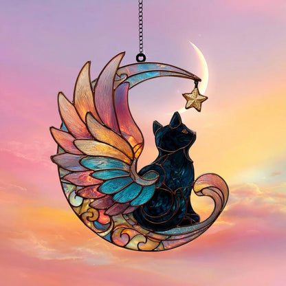 Winged Cat on Moon Stain Glass Suncatcher