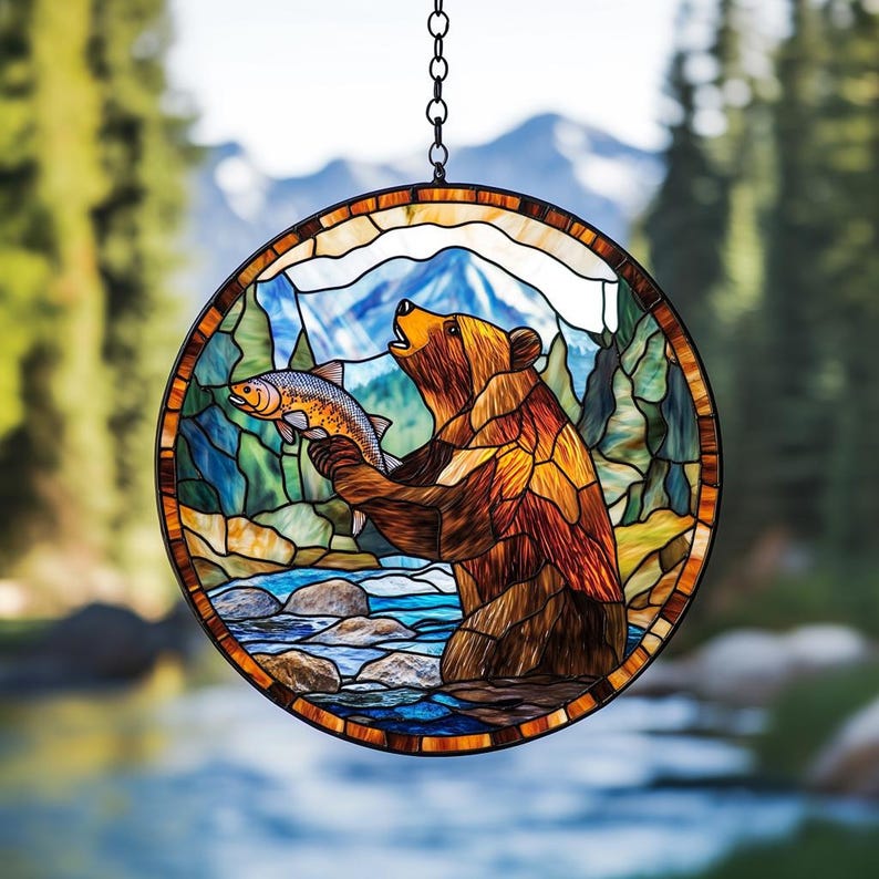 Bear Catching Salmon Stain Glass Suncatcher