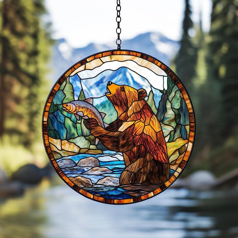 Bear Catching Salmon Stain Glass Suncatcher