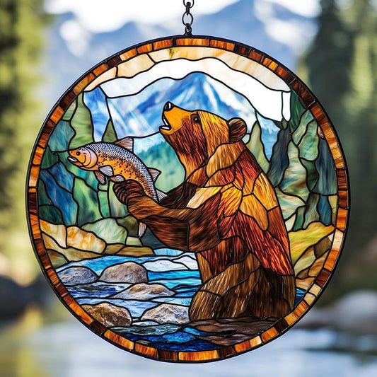 Bear Catching Salmon Stain Glass Suncatcher