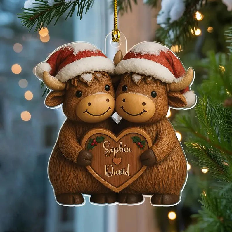 Christmas Highland Cow Couple - Personalized Cow Ornament