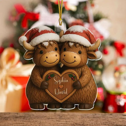 Christmas Highland Cow Couple - Personalized Cow Ornament