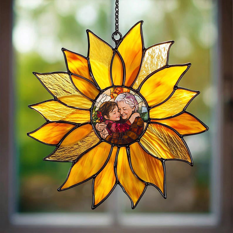 Sunlit Memories – Personalized Sunflower Photo Stain Glass Suncatcher