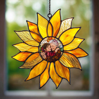 Sunlit Memories – Personalized Sunflower Photo Stain Glass Suncatcher
