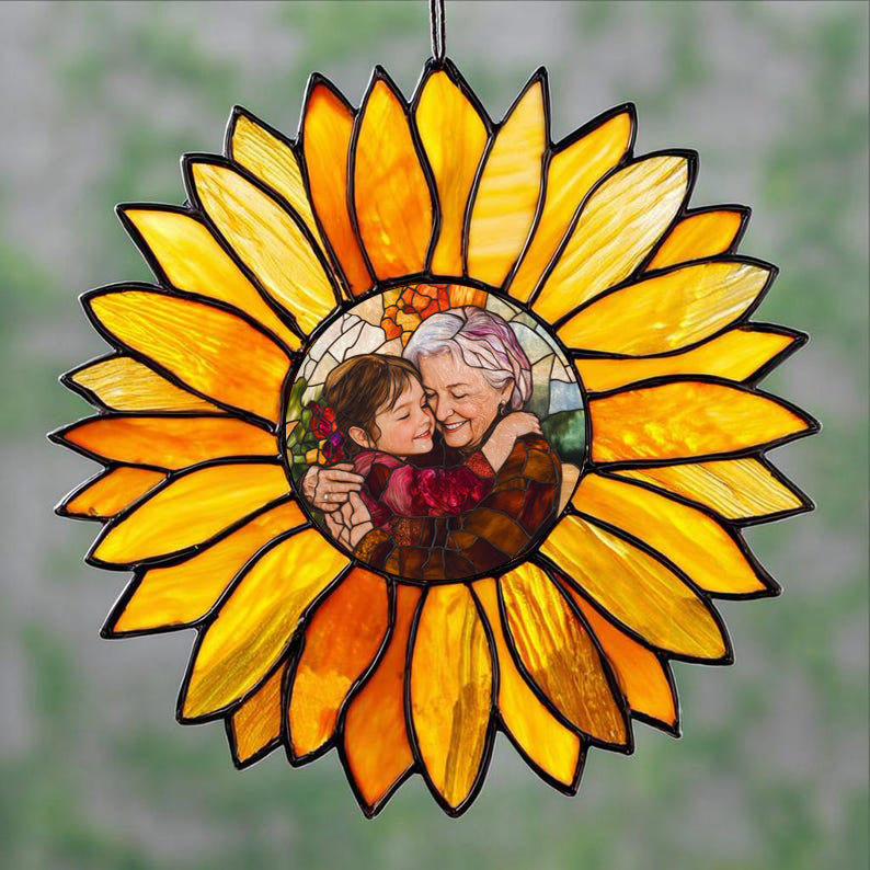 Sunlit Memories – Personalized Sunflower Photo Stain Glass Suncatcher