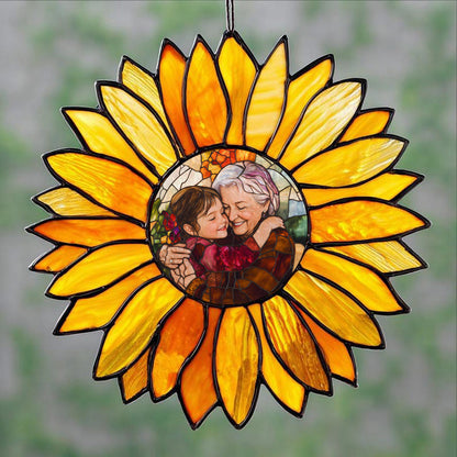 Sunlit Memories – Personalized Sunflower Photo Stain Glass Suncatcher