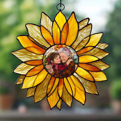 Sunlit Memories – Personalized Sunflower Photo Stain Glass Suncatcher