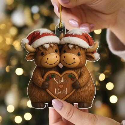 Christmas Highland Cow Couple - Personalized Cow Ornament