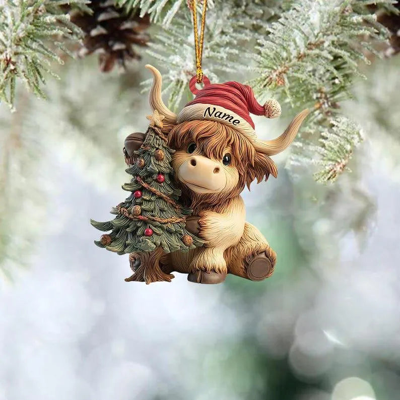 Highland Cow With Christmas Tree - Personalized Acrylic Ornament
