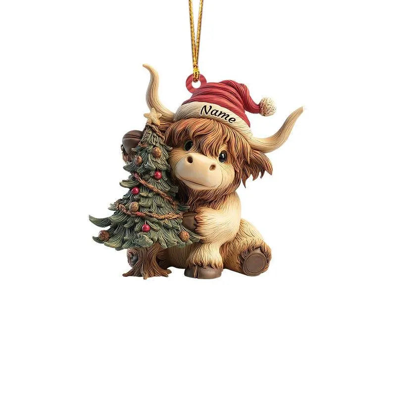 Highland Cow With Christmas Tree - Personalized Acrylic Ornament